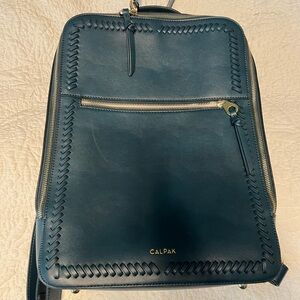Calpak Teal Leather Backpack with Whipstitch and Gold Hardware